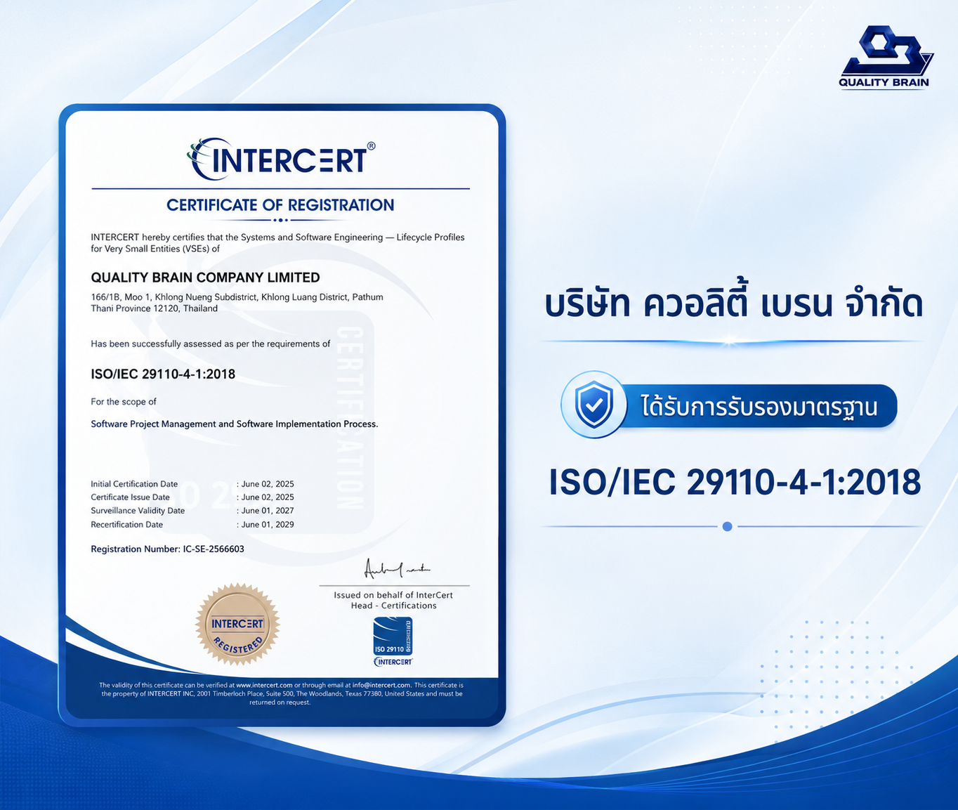 Quality Brain ได้รับการรับรองมาตรฐาน ISO/IEC 29110-4-1:2018