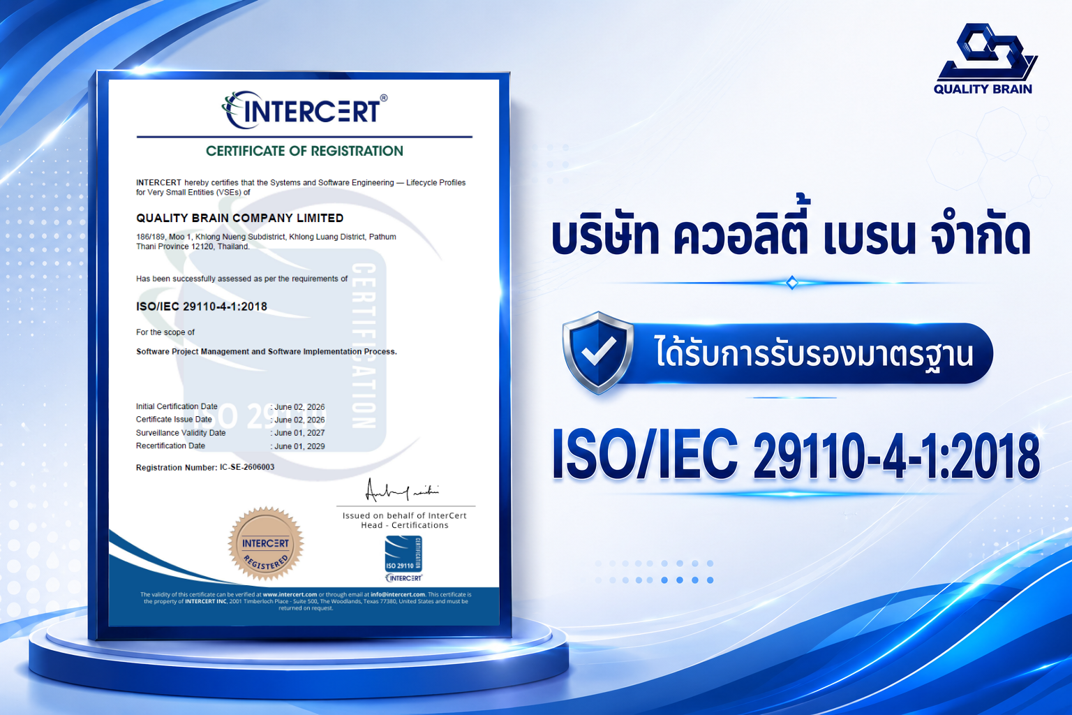 บริษัท ควอลิตี้ เบรน จำกัด ได้รับการรับรองมาตรฐาน ISO/IEC 29110-4-1:2018