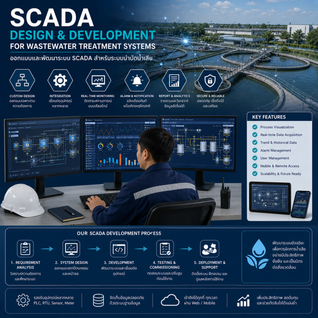 ออกแบบและพัฒนาระบบ SCADA สำหรับระบบบำบัดน้ำเสีย (SCADA Design & Development for Wastewater Treatment Systems)